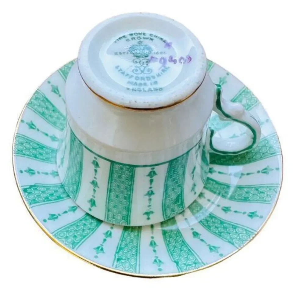 Crown Staffordshire Fine Bone China Demitasse Cup &‎ Saucer Green Lace Pink Rose